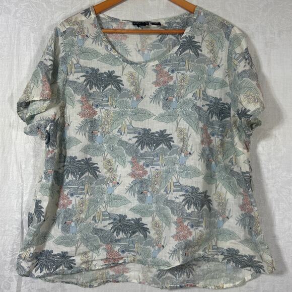 Tahari Blouse 2X 100% Linen Tan Tropical Print Toucan Car Surf Boxy Tunic - Picture 1 of 7